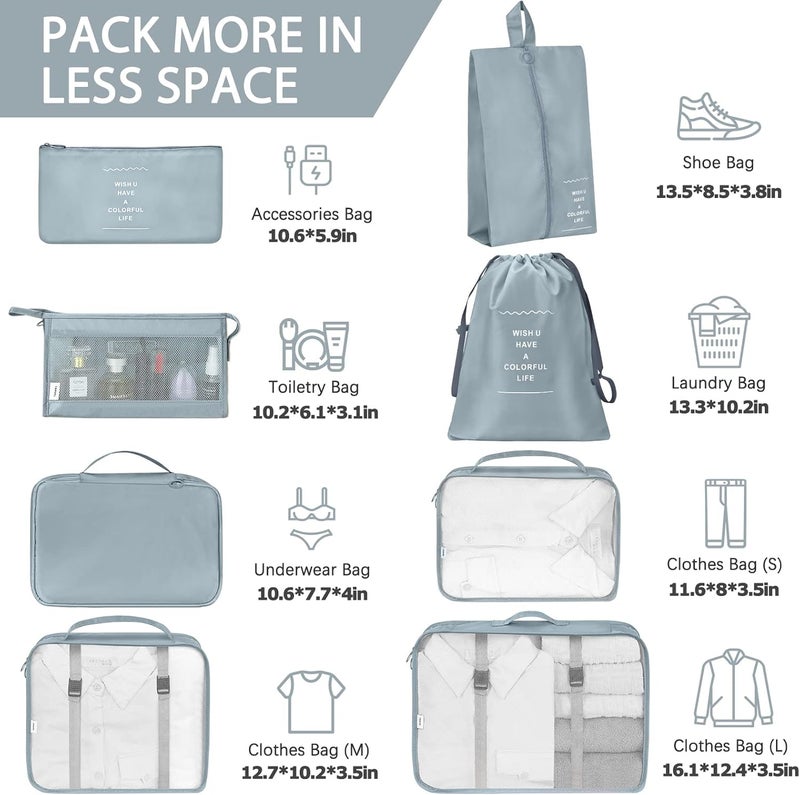 KPX 8 Set Packing Cubes for Travel, Luggage Packing Organizers Accessories Large Toiletries Bag for Clothes Shoes Cosmetics (Grey) - Image 2